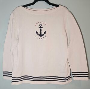 Vintage 90s Ralph Lauren 100% Cotton Boatneck Anchor Sweater Nautical
